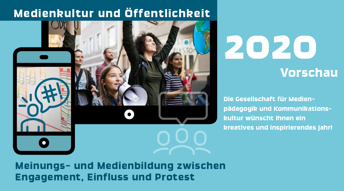 Vorschau 2020. Medienkultur und Öffentlichkeit - Meinungs- und Medienbildung zwischen Engagement, Einfluss und Protest. Illustration eines Tablets, das ein Foto von demonstrierenden Menschen zeigt und eines Smartphones, das ein Strichmännchen mit einer Sprechblase abbildet.