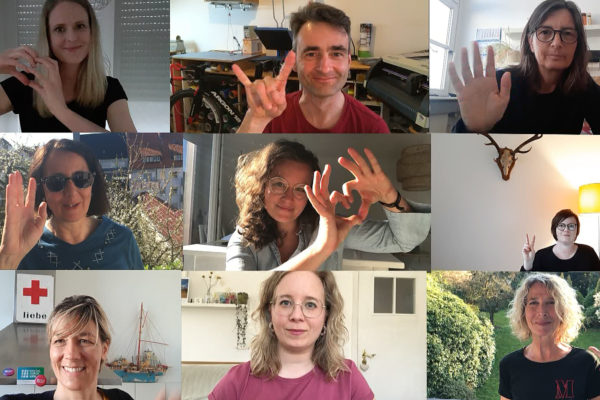 Screenshot des GMK-Coronagruß. Abgebildet sind die Videokacheln von Dr. Friederike von Gross, Lajos Speck, Christina Fangrad-Harms, Renate Röllecke, Anja Pielsticker, Tanja Kalwar, Saskia Wolter, Asbirg Naranjo, Eva Kukuk.