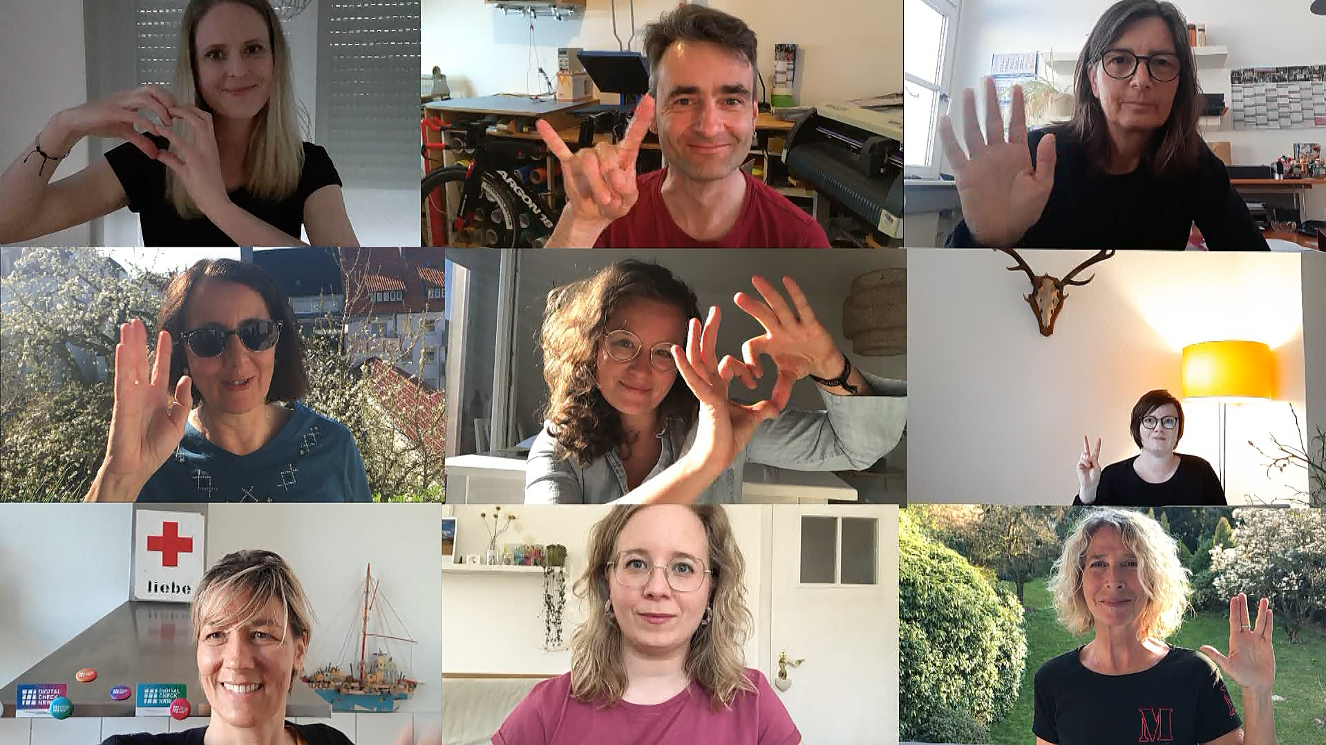 Screenshot des GMK-Coronagruß. Abgebildet sind die Videokacheln von Dr. Friederike von Gross, Lajos Speck, Christina Fangrad-Harms, Renate Röllecke, Anja Pielsticker, Tanja Kalwar, Saskia Wolter, Asbirg Naranjo, Eva Kukuk.