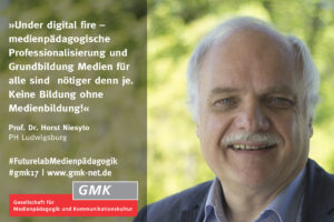 Foto von Prof. Dr. Horst Niesyto mit dem Zitat "Under digital fire - medienpädagogische Professionalisierung und Grundbildung Medien für alle sind nötiger denn je. Keine Bildung ohne Medienbildung!" von ihm.