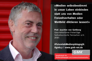 Foto von Prof. Joachim von Gottberg mit dem Zitat "Medien selbstbestimmt in unser Leben einbinden statt uns von Medien Freizeitverhalten oder Weltbild diktieren lassen!" von ihm.