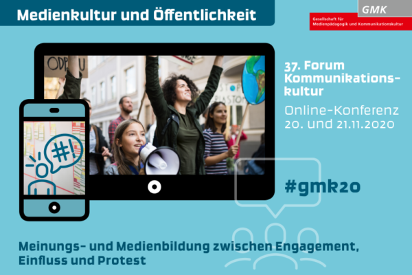 Keyvisual des 37. Forums Kommunikationskultur. Online-Konferenz 20. und 21.11.2020. Medienkultur und Öffentlichkeit - Meinungs- und Medienbildung zwischen Engagement, Einfluss und Protest #gmk2020. Illustration eines Tablets, das ein Foto von demonstrierenden Menschen zeigt und eines Smartphones, das ein Strichmännchen mit einer Sprechblase abbildet.