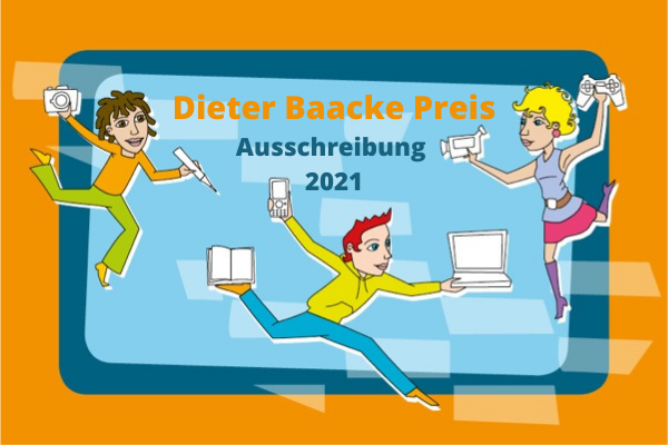 Keyvisual Dieter Baacke Preis Ausschreibung 2021, Illustration von fröhlichen jungen Menschen, die verschiedene Medien und Endgeräte in den Händen halten