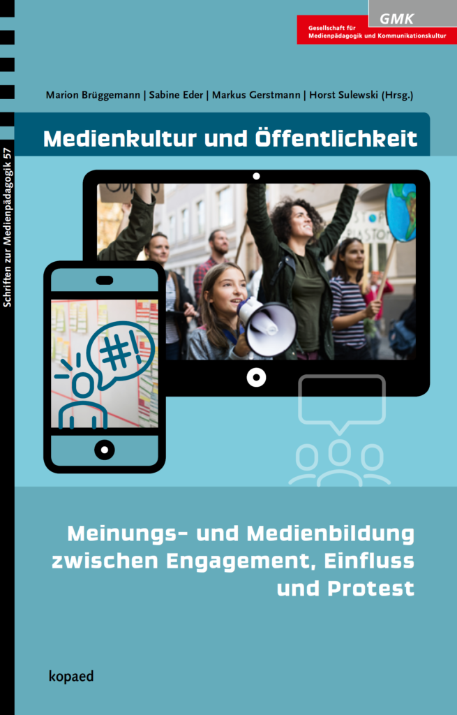 Titelseite 57. Bands der Schriften zur Medienpädagogik "Medienkultur und Öffentlichkeit - Meinungs- und Medienbildung zwischen Engagement, Einfluss und Protest". Illustration eines Tablets, das ein Foto von demonstrierenden Menschen zeigt und eines Smartphones, das ein Strichmännchen mit Sprechblase abbildet.