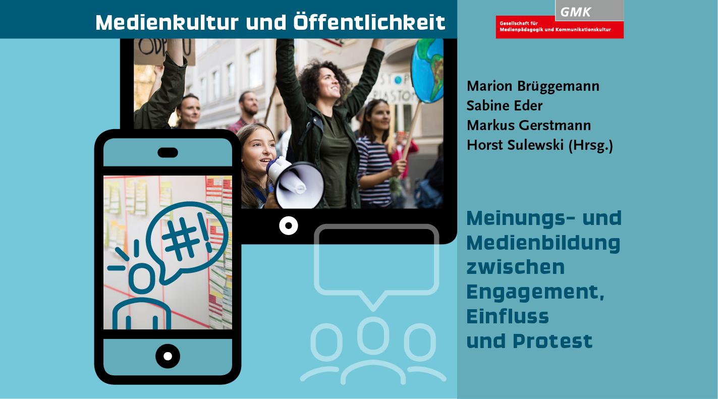 Keyvisual 57. Band der Schriften zur Medienpädagogik "Medienkultur und Öffentlichkeit - Meinungs- und Medienbildung zwischen Engagement, Einfluss und Protest". Illustration eines Tablets, das ein Foto von demonstrierenden Menschen zeigt und eines Smartphones, das ein Strichmännchen mit Sprechblase abbildet.