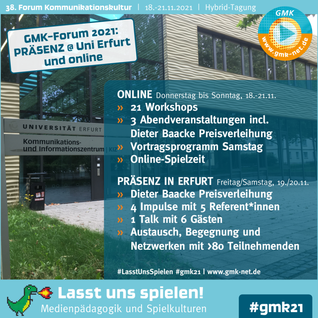 Kampagne für das 38. Forum Kommunikationskultur. Auf einem Bild der Universität Erfurt steht in einem blauen Kasten das Programm des Forums.