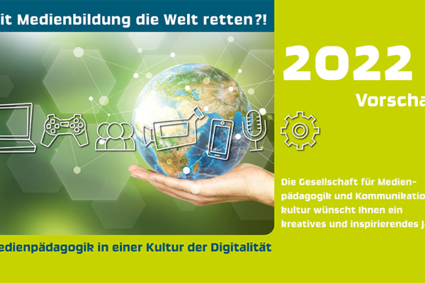 Keyvisual Forum Kommunikationskultur 2022 "Mit Medienbildung die Welt retten?!", Weltkugel auf Hand und verschiedene Medien