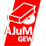 Logo der Arbeitsgemeinschaft Jugendliteratur und Medien der GEW (AJuM): Skizze von einem Buch, einer CD und der Schriftzug