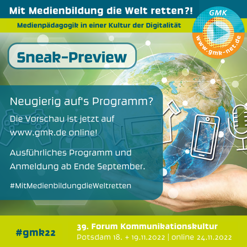 Sneak Preview Forum Kommunikationskultur 2022 "Mit Medienbildung die Welt retten?!", Weltkugel auf Hand und verschiedene Medien