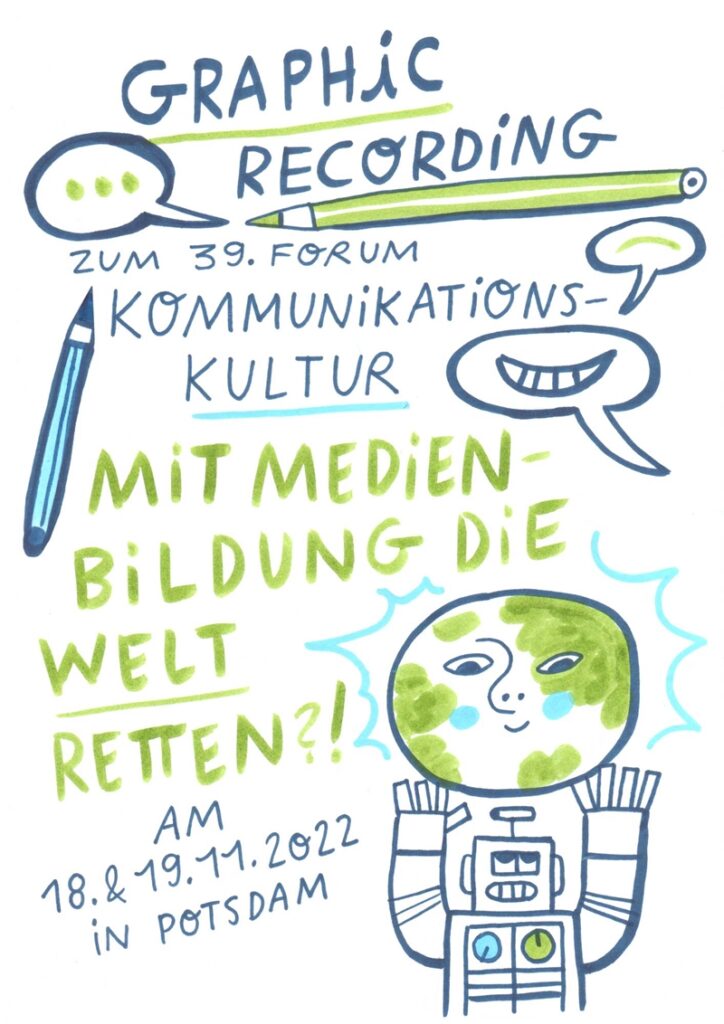 Foto vom Graphic Recording des 39. Forums Kommunikationskultur in Potsdam. Gezeichnet von Julia Kluge.