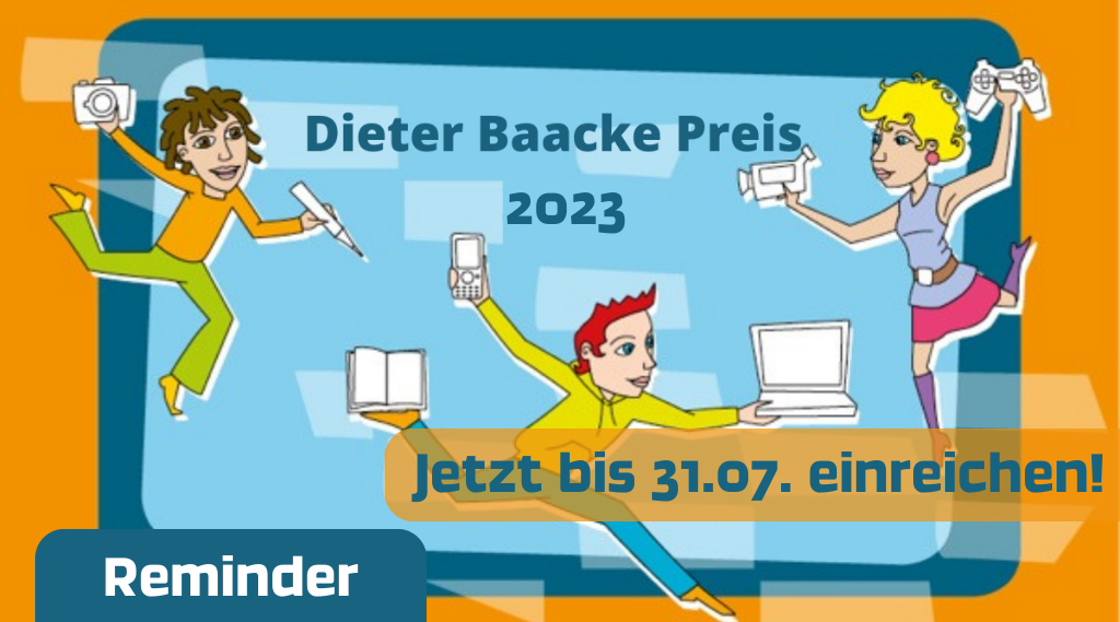 Dieter-Baacke-Preis-Logo: drei Figuren jonglieren mit Medien; Reminder: Jetzt bis 31.07. einreichen!