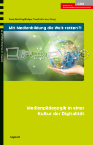 Keyvisual Forum Kommunikationskultur 2022 "Mit Medienbildung die Welt retten?!", Weltkugel auf Hand und verschiedene Medien