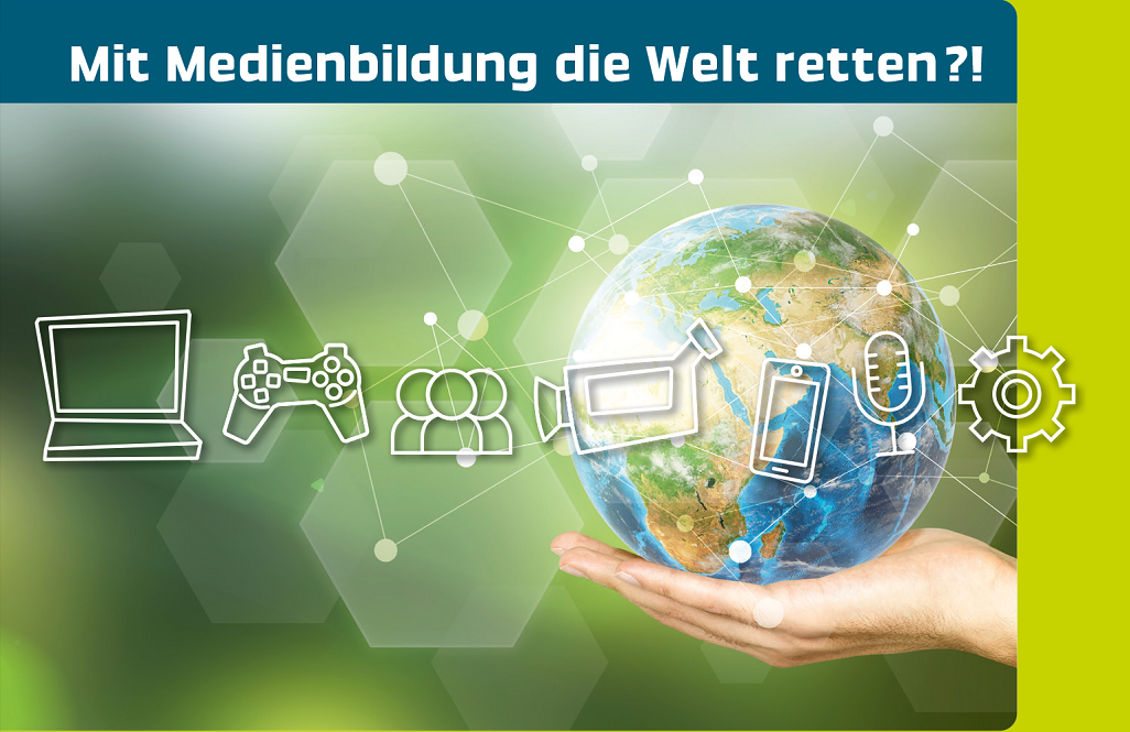 Keyvisual Forum Kommunikationskultur 2022 "Mit Medienbildung die Welt retten?!", Weltkugel auf Hand und verschiedene Medien