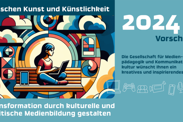 2024 Vorschau: Zwischen Kunst und Künstlichkeit - Transformationdurch kulturelle und politische Medienbildung gestalten; KI-Grafik einer Frau mit Laptop auf Bank