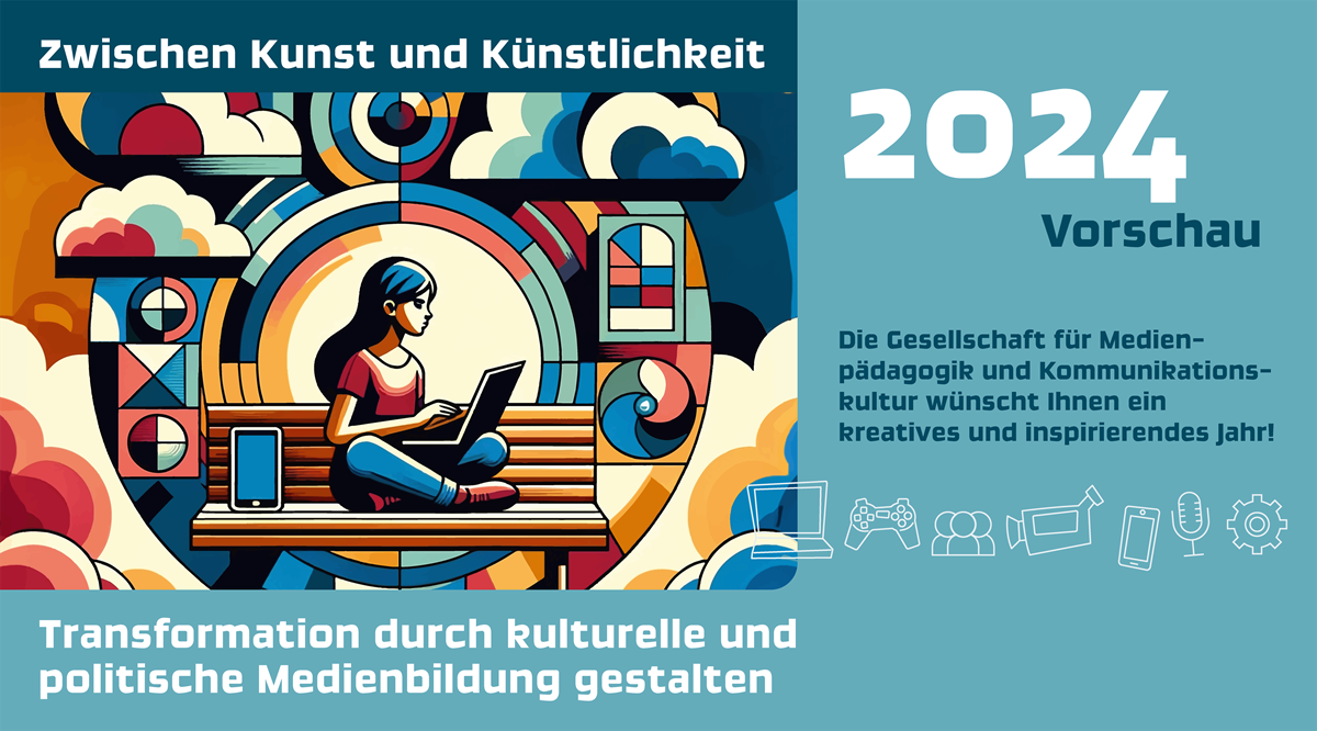 2024 Vorschau: Zwischen Kunst und Künstlichkeit - Transformationdurch kulturelle und politische Medienbildung gestalten; KI-Grafik einer Frau mit Laptop auf Bank