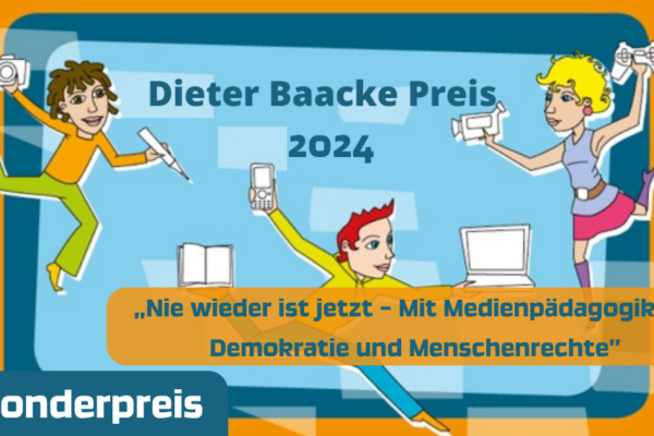 Dieter Baacke Preis Keyvisual: drei Figuren mit Medien