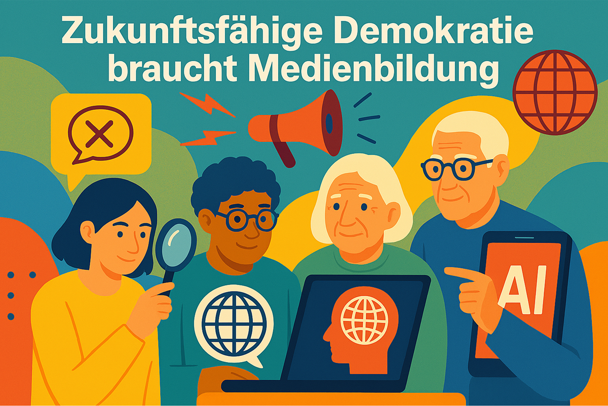 Vier Personen unterschiedlichen Alters umgeben von Medien