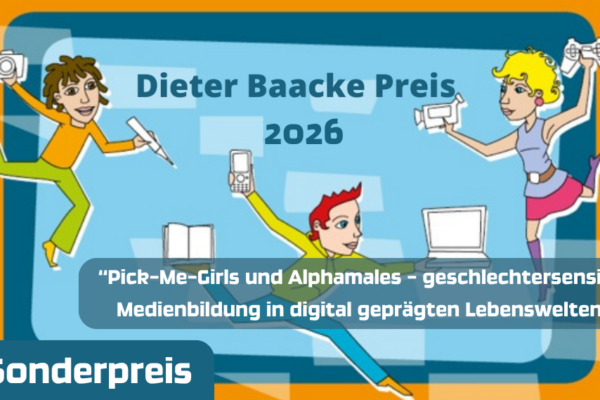 Drei Figuren, die mit verschiedenen Medien hantieren