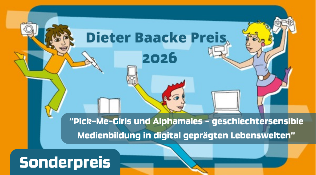 Drei Figuren, die mit verschiedenen Medien hantieren