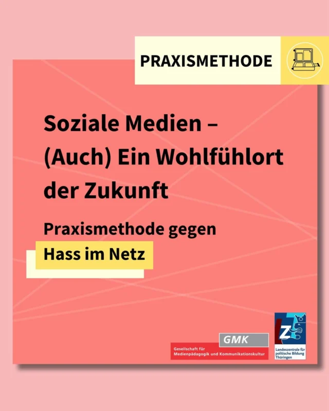 Soziale Medien werden in der politischen Medienbildung und speziell im Arbeitsbereich Hass im Netz derzeit oft negativ assoziiert, was sich auch in der Methodenlandschaft abbildet. 

💡 Die neue Methode dreht den Blick auf die sozialen Plattformen um. Es stehen Fragen im Mittelpunkt wie: Social Media Utopie – was wünschen wir uns? Was ist positiv? Was wollen wir erhalten? 
💜 So ist ein lebendiges, positiv aufgeladenes Konzept entstanden, das Kindern und Jugendlichen mit kreativen Materialien dabei hilft, Zukunftsperspektiven zu entwickeln und „Digital Wellbeing“ zu üben. 

Die Entwicklung der Methoden im Rahmen eines Methodensprints und die Veröffentlichung wurden unterstützt von der @landeszentrale für politische Bildung Thüringen.

Den Link zur Methode findet ihr in unserer Bio. 

Ihr habt die Methode in eurer Praxis ausprobiert und Anregungen für Änderungen? Unser Team freut sich über Rückmeldungen: gegenhin@gmk-net.de.