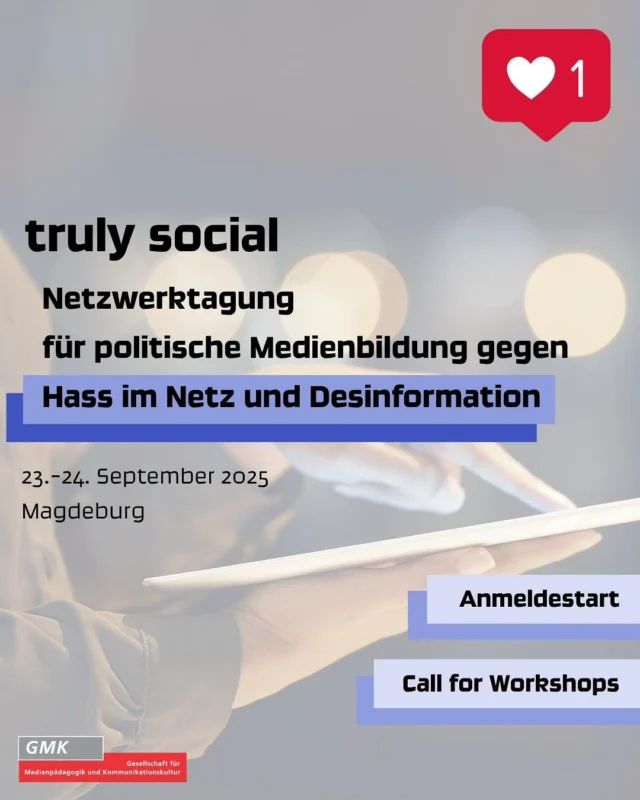 Was bedeutet es in einer Zeit von KI und Big Tech, anhaltendem Rechtsruck und extremistischer Radikalisierung, Anfeindungen und Falschinformationen im Internet, wirklich sozial zu handeln? Mehr denn je steht politische Medienbildung vor der Herausforderung, Desinformation und digitaler Hetze etwas entgegenzusetzen. Eines der Ziele kann sein, das „Soziale“ wieder zurück in die sozialen Netzwerke zu holen. 

Wir haben Fragen, die wir mit euch diskutieren wollen: Am 23. und 24. September in Magdeburg. Euch erwarten Inputs zu aktuellen Entwicklungen im Themenfeld, Workshops pädagogischer Fachkräfte und interaktive Austauschformate. 

Ihr möchtet am Programm der Netzwerktagung mitwirken? Dann beteiligt euch bis zum 30. April 2025 an unserem Call for Workshops.
Alle Infos findet ihr in unserer Bio oder unter: https://hass-im-netz.gmk-net.de/netzwerktagung-2025/ 

Die Veranstaltung wird vom Team der GMK im Netzwerk gegen Hass im Netz und Desinformation organisiert und ausgerichtet. Sie findet in Zusammenarbeit mit und an der Otto-von-Guericke-Universität / @uni_magdeburg (Professur für Erziehungswissenschaft mit dem Schwerpunkt digitale Medienkulturen) in Magdeburg statt. Das Projekt wird gefördert im Rahmen des Bundesprogramms „Demokratie leben!“ vom Bundesministerium für Familie, Senioren, Frauen und Jugend und der @postcodelotterie. Für inhaltliche Aussagen und Meinungsäußerungen tragen die Publizierenden dieser Veröffentlichung die Verantwortung.