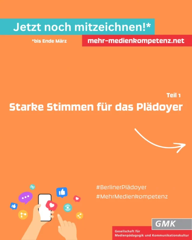 Starke Stimmen für das Berliner Plädoyer - Teil 1.

Bis jetzt haben schon über 400 Einzelpersonen und Institutionen das Plädoyer mitgezeichnet.

Wir brauchen eine nationalen Bildungsoffensive zur Stärkung der Medienkompetenz und Demokratiebildung!

Die wichtigsten Forderungen aus dem Plädoyer: 
1.	Nationale Bildungsoffensive für Medienkompetenz und Demokratiebildung ist essenziell.
2.	Medienbildung als Pflichtfach in allen Bildungseinrichtungen und verpflichtende Schulung von Lehrkräften.
3.	Politische Verantwortung: Gesetze, Förderprogramme und finanzielle Mittel für unabhängige Medien und Bildungsinitiativen.
4.	Wirtschaft und Medienanbieter müssen Transparenz schaffen, Desinformation bekämpfen und ethische Standards einhalten.
5.	Zivilgesellschaftliches Engagement fördern, um demokratisches Bewusstsein und Teilhabe zu stärken.
Fazit: Bildung, Transparenz und gesellschaftliches Engagement sind der Schlüssel zur Stärkung der Demokratie.

Noch bis Ende März könnt ihr mitzeichnen! 

#BerlinerPlädoyer
#MehrMedienkompetenz
#StarkeStimmen
