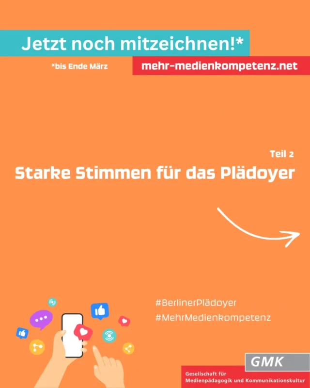 Starke Stimmen für das #BerlinerPlädoyer Teil 2

Bis Ende März könnt ihr noch mitzeichnen!

Wir brauchen eine nationale Bildungsoffensive zur Stärkung der Medienkompetenz und Demokratiebildung! 

Werdet Teil davon und zeichnet mit! 

#MehrMedienkompetenz
#StarkeStimmen