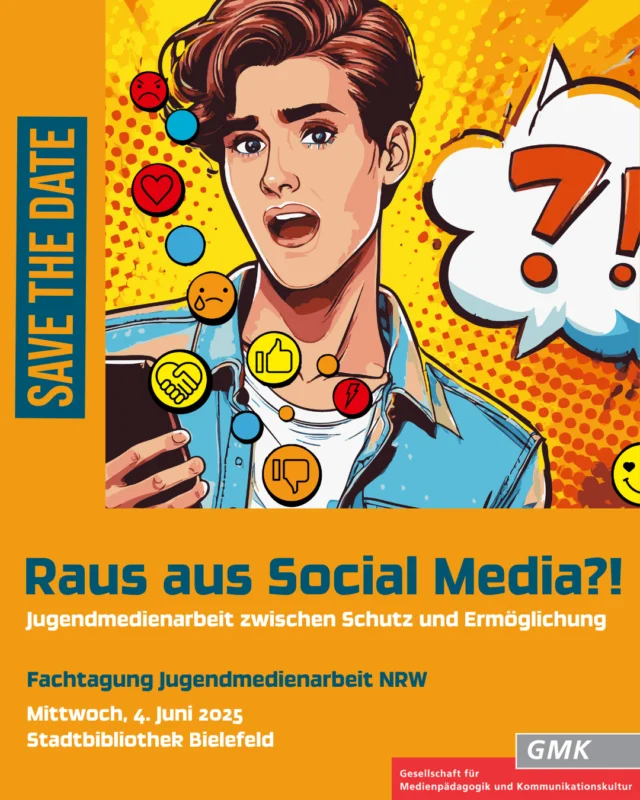 Save the Date!

Fachtagung Jugendmedienarbeit NRW
"Raus aus Social Media?! Jugendmedienarbeit zwischen Schutz und Ermöglichung"

Mittwoch, 04. Juni 2025 in der @stadtbibliothekbielefeld. 

Einige zentrale Fragestellungen der Veranstaltung lauten:

🔸Was brauchen Kinder und Jugendliche, um soziale Medien sicher, selbstbestimmt, kritisch und verantwortungsbewusst zu nutzen?
🔹Welche Auswirkungen hätte ein Verbot auf die medialen Praktiken sowie die soziale und kulturelle Teilhabe junger Menschen und wie könnten altersgerechte Ersatzangebote aussehen?
🔸Welche Grenzen hätte ein Verbot sozialer Medien aus der Perspektive des Jugendmedienschutzes und welche Angebote wären betroffen?

***Programm und Anmeldung im April*** 

Alle weiteren Informationen findet ihr auf unserer Website!

#Fachtagung #Jugendmedienarbeit #SocialMedia #Schutz #Ermöglichung