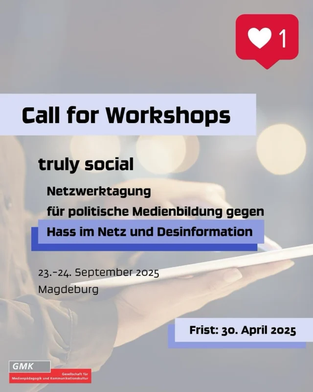 Was bedeutet es in einer Zeit von KI und Big Tech, anhaltendem Rechtsruck und extremistischer Radikalisierung, Anfeindungen und Falschinformationen im Internet, wirklich sozial zu handeln? Mehr denn je steht politische Medienbildung vor der Herausforderung, Desinformation und digitaler Hetze etwas entgegenzusetzen. Ihr habt Ideen, Konzepte, Perspektiven, die ihr einbringen und diskutieren möchtet?

Bis zum 30. April 2025 läuft der Call for Workshops. Alle Infos findet ihr in unserer Bio oder unter: https://hass-im-netz.gmk-net.de/netzwerktagung-2025/ 

Die Veranstaltung wird vom Team der GMK im Netzwerk gegen Hass im Netz und Desinformation organisiert und ausgerichtet. Sie findet in Zusammenarbeit mit und an der Otto-von-Guericke-Universität / @medienbildung_ovgu (Professur für Erziehungswissenschaft mit dem Schwerpunkt digitale Medienkulturen) in Magdeburg statt. Das Projekt wird gefördert im Rahmen des Bundesprogramms „Demokratie leben!“ vom Bundesministerium für Familie, Senioren, Frauen und Jugend und der Deutschen Postcode Lotterie. Für inhaltliche Aussagen und Meinungsäußerungen tragen die Publizierenden dieser Veröffentlichung die Verantwortung.